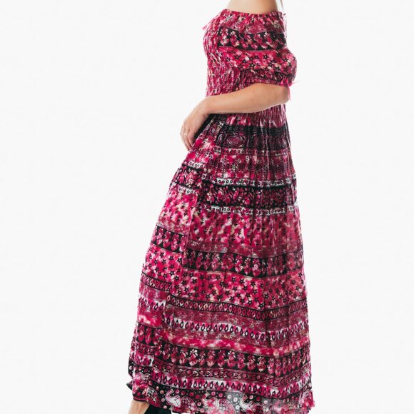 Pink peasant maxi dress short sleeve off shoulder boho summer floral tie dye - Picture 4 of 7